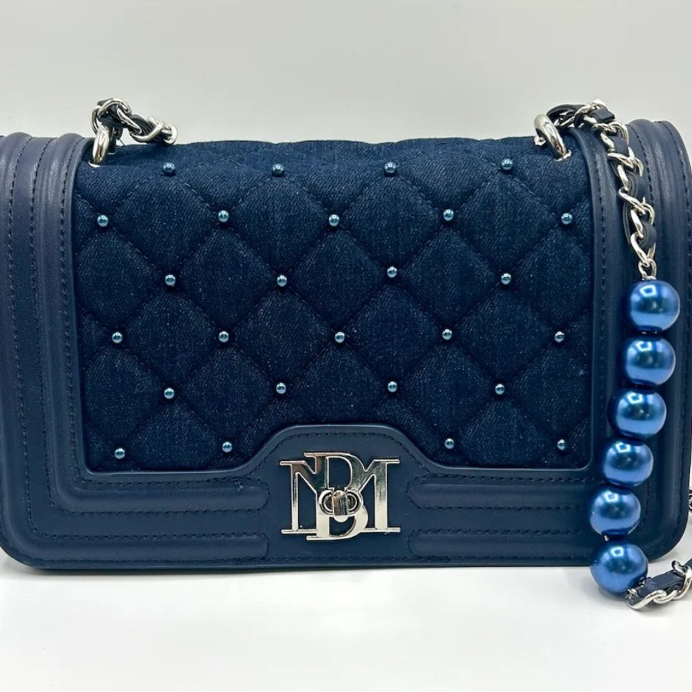 Badgley Mischka Navy Blue Quilted Handbag with Chain Strap